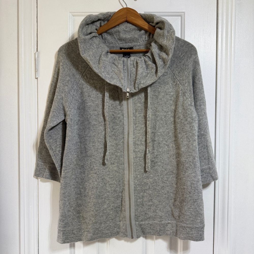 NWT evie Gray 100% Cashmere Knit drawstring cowl neck zip up sweater jacket 1X